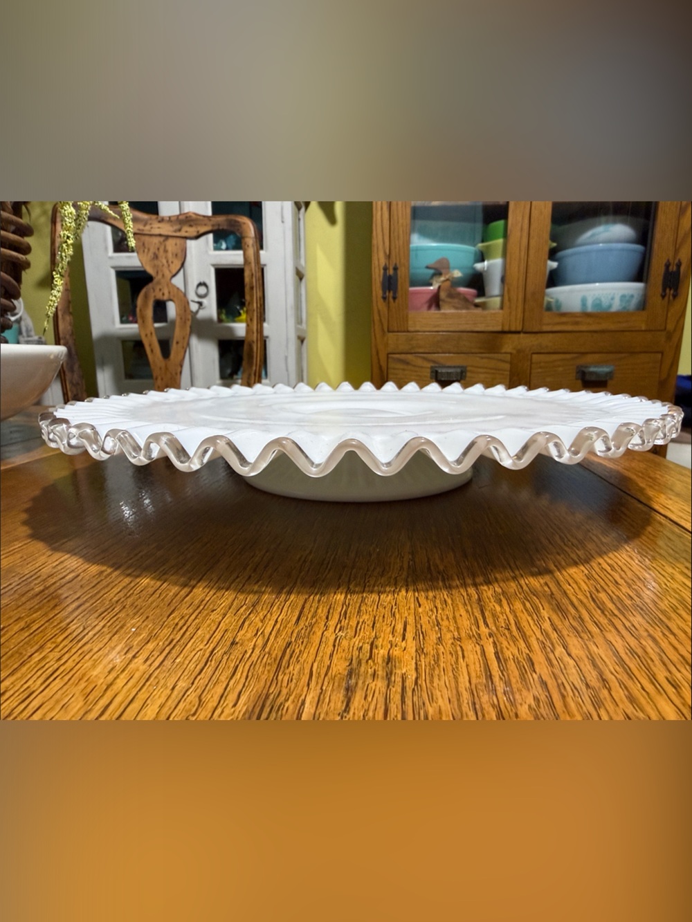 Fenton crested Ruffled milk glass Glass Pedestal Cake Stand